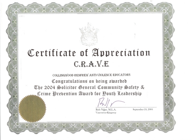 MLA Certificate of Appreciation